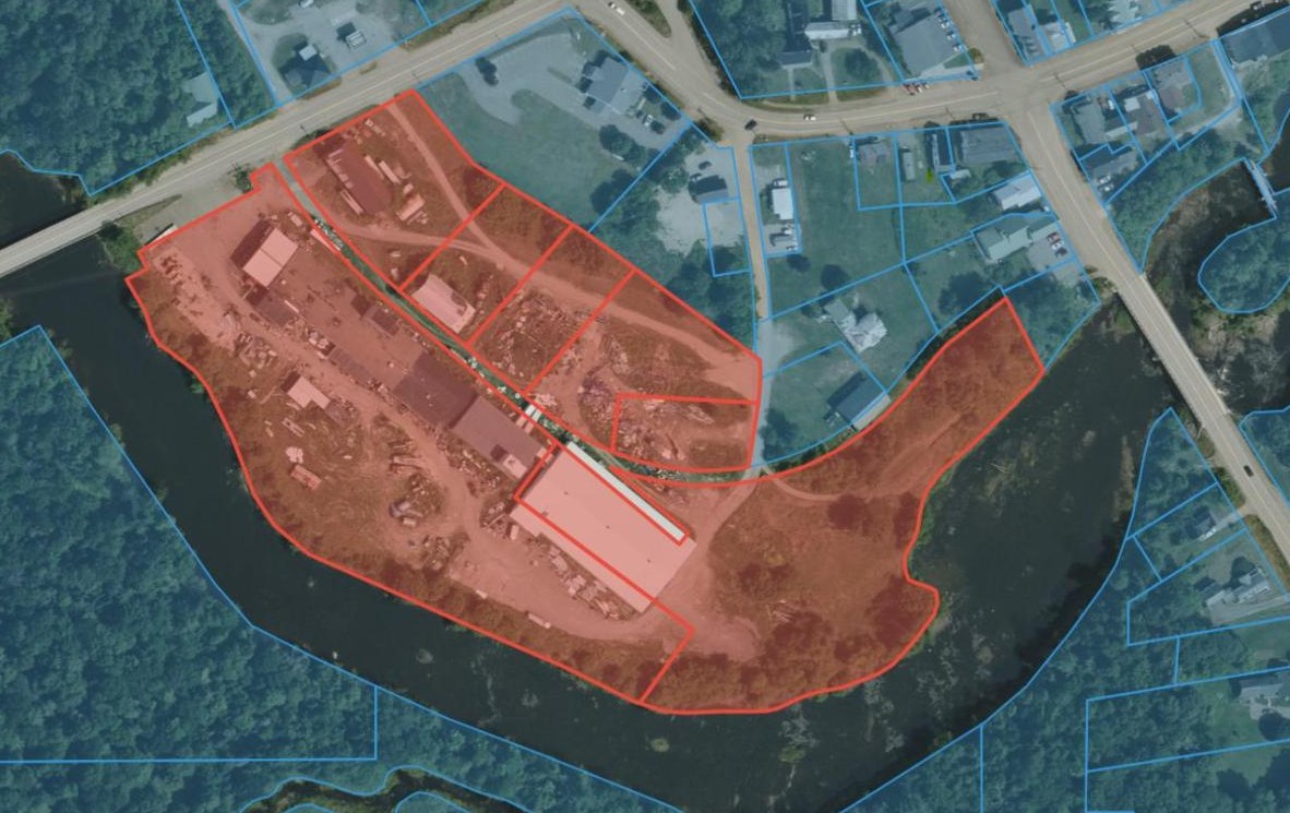 GIS aerial view of the Starch Factory property on the Mattawamkeag River, parcels highlighted